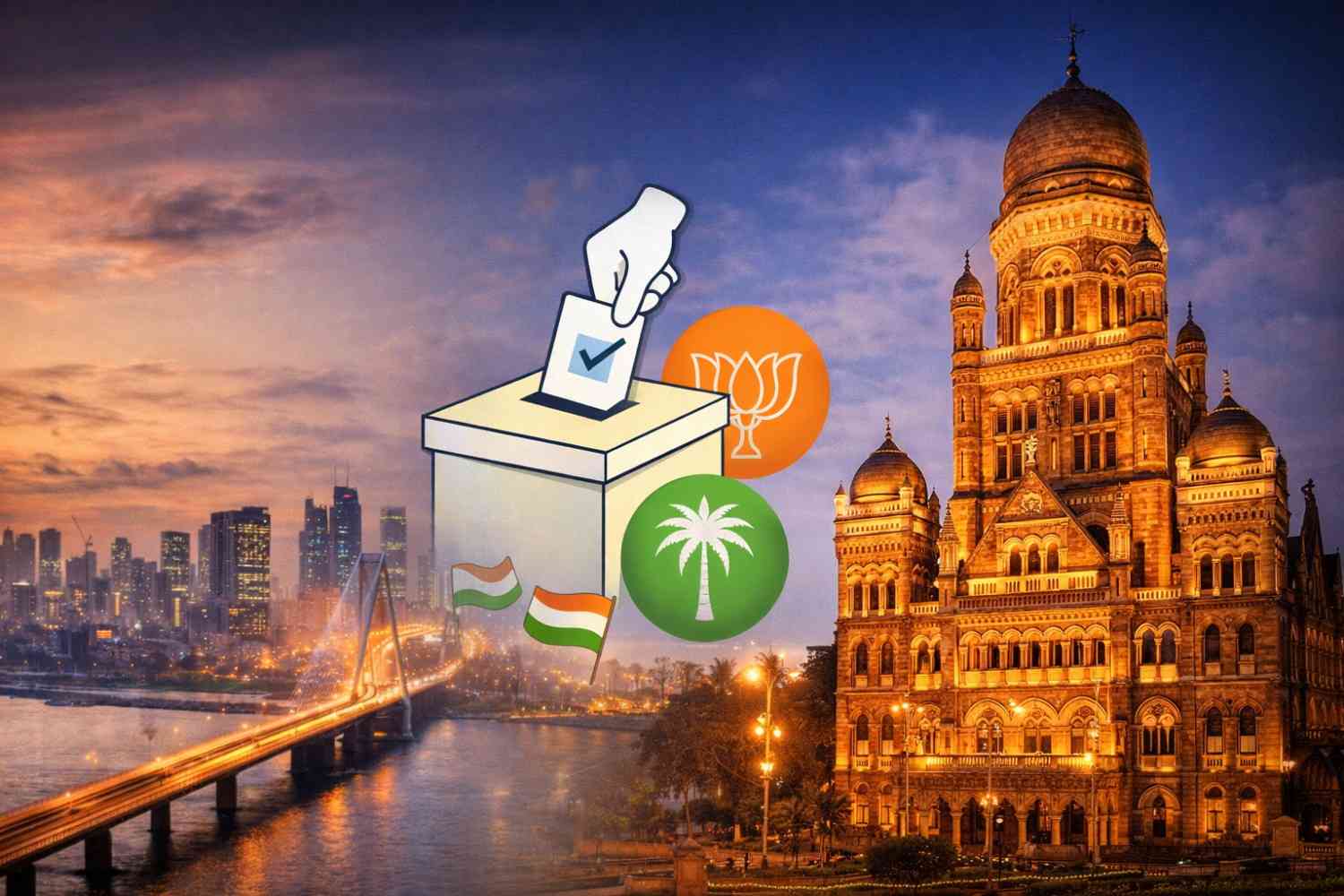 Maharashtra BMC election results represented through voting symbols and Mumbai city skyline