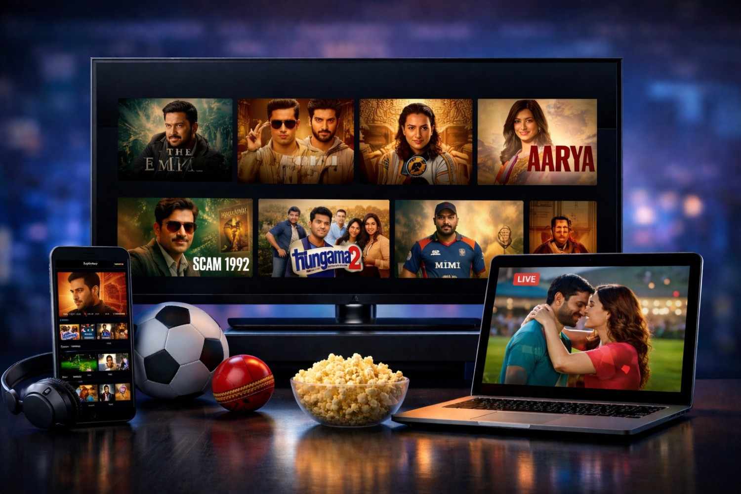 Hotstar streaming platform interface showing movies, web series, and live sports content on a digital screen