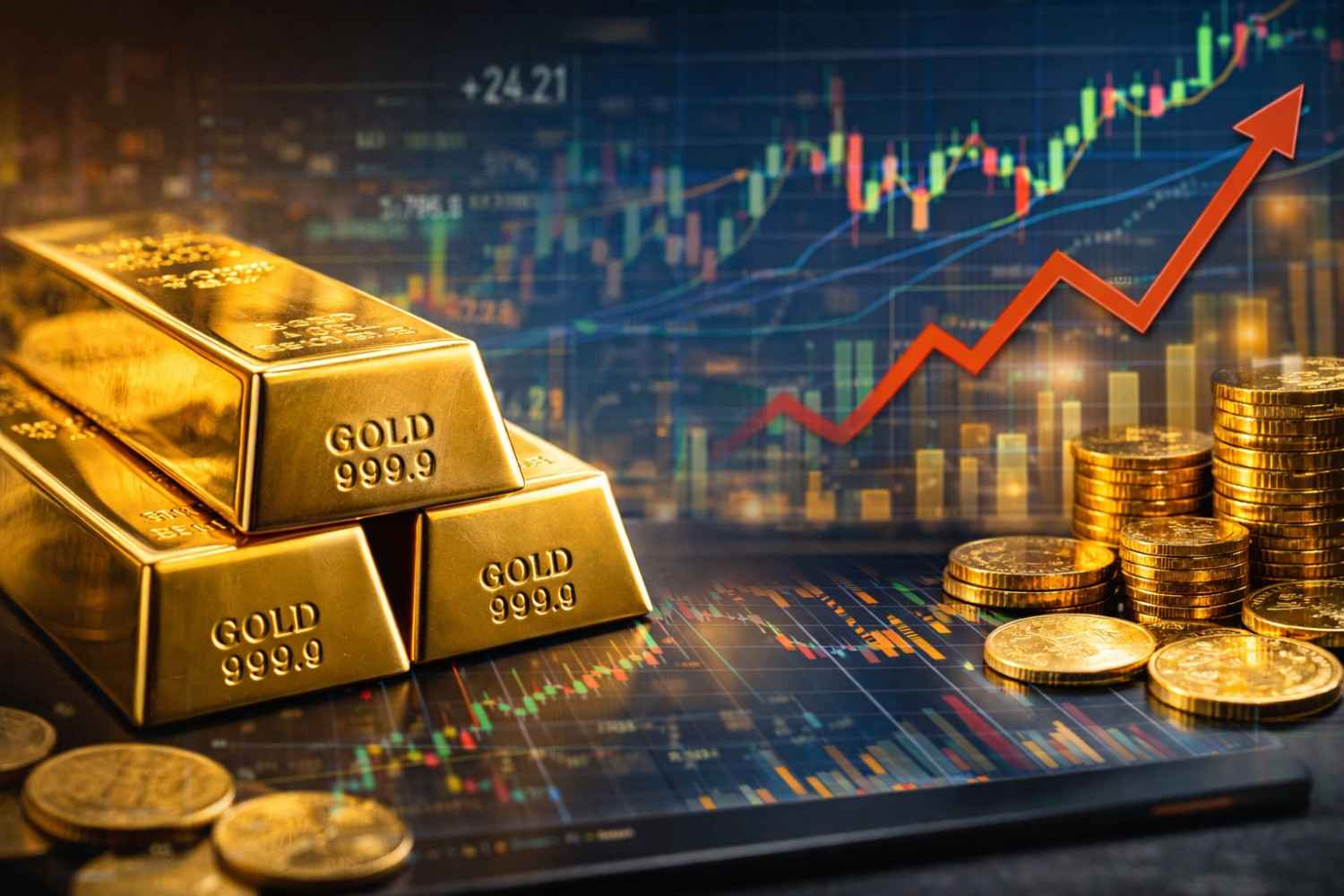 Gold rate today represented through gold bars, coins, and market trend indicators showing pricing influences
