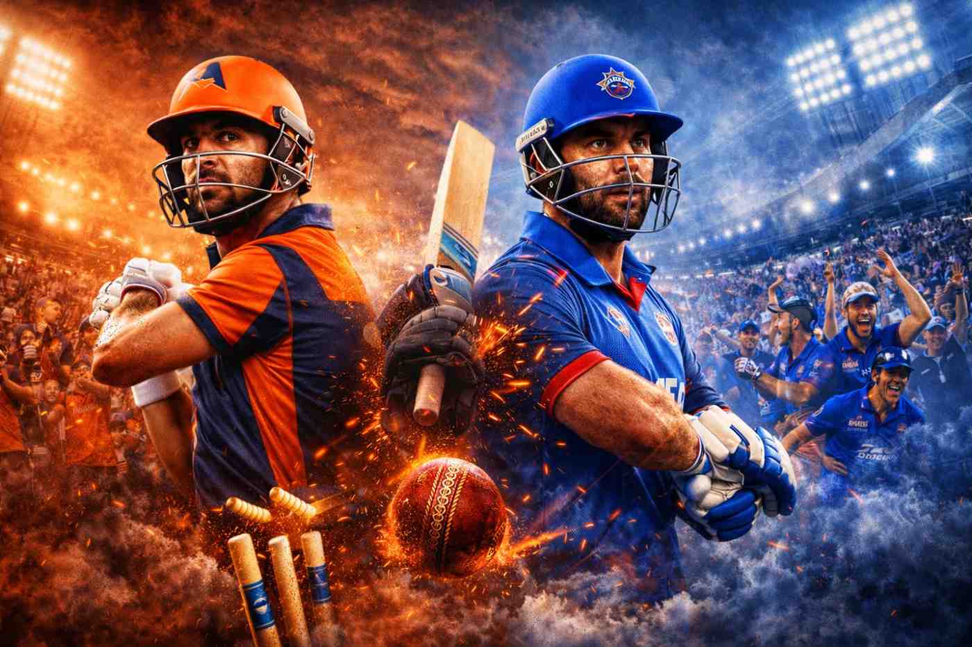 Giants vs Capitals cricket rivalry featuring two players from opposing teams facing off under stadium lights