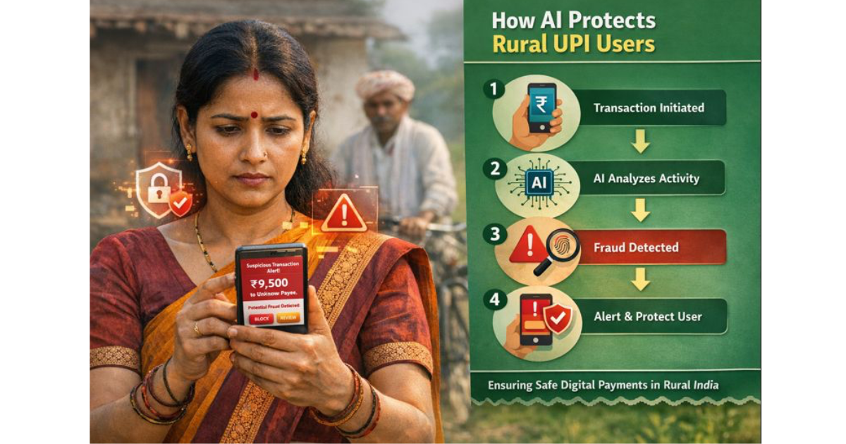 AI-powered fraud detection system alerting a rural Indian UPI user on a smartphone, showing secure digital transaction notifications.