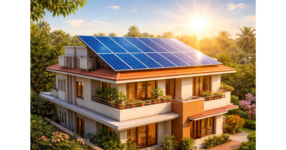 Rooftop solar panels installed on an Indian residential home under the PM Surya Ghar Muft Bijli Yojana, with sunlight powering household electricity and symbolising clean energy adoption in 2026.