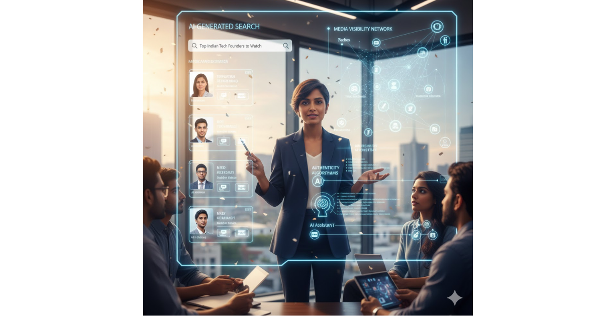 Startup founder building a personal brand in the age of AI, surrounded by social media icons, AI graphics, and search engine visuals, symbolizing media visibility and digital influence."