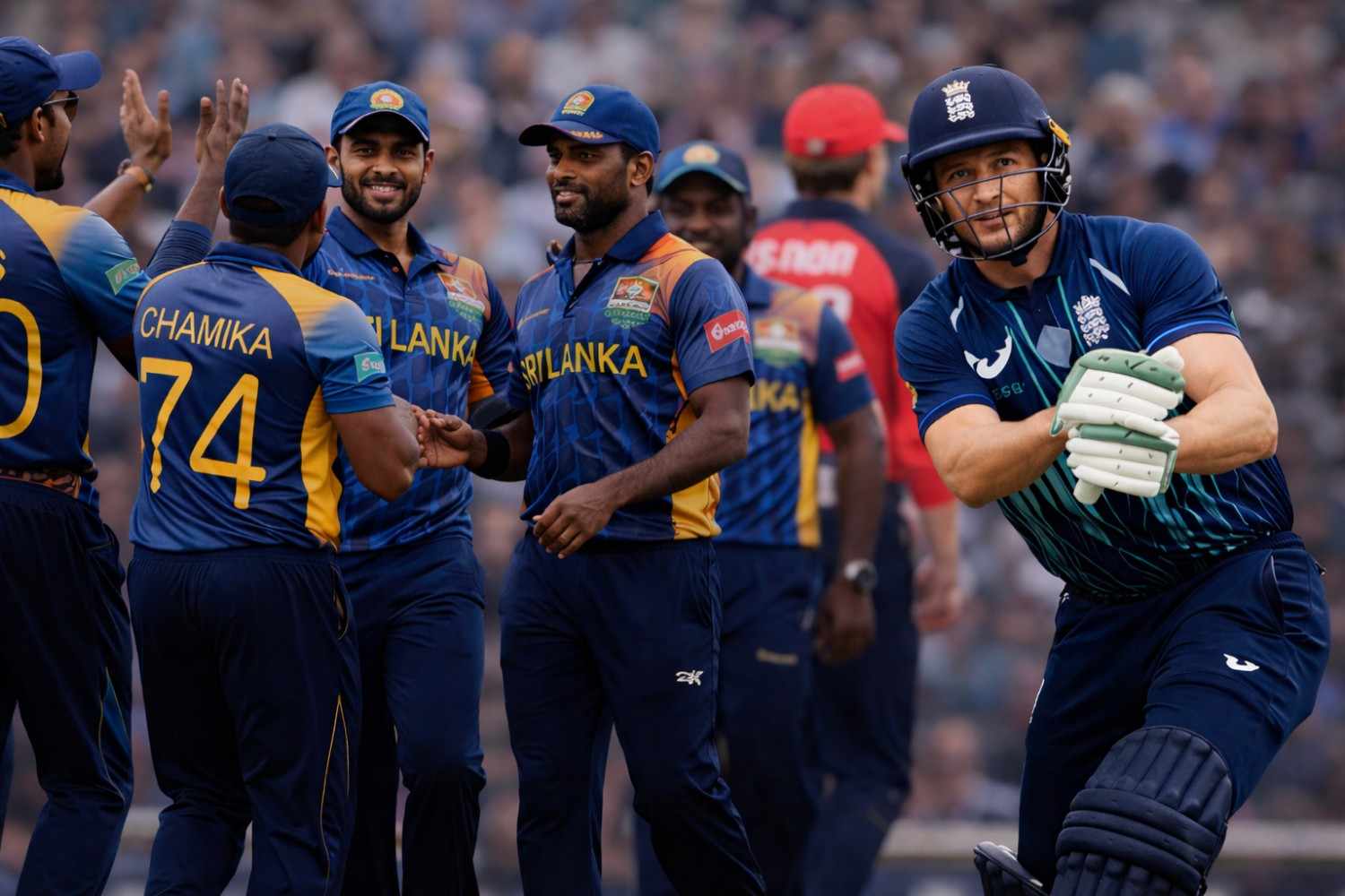 Sri Lanka vs England cricket rivalry showcased as Sri Lankan players celebrate while an England batsman prepares during an intense international match
