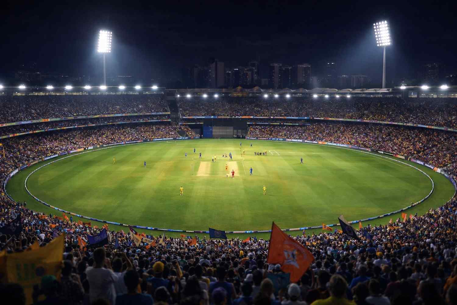 IPL tournament match underway at a packed cricket stadium with players in action and fans cheering under floodlights