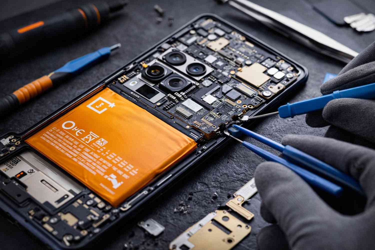 OnePlus dismantled smartphone showing internal components and hardware layout