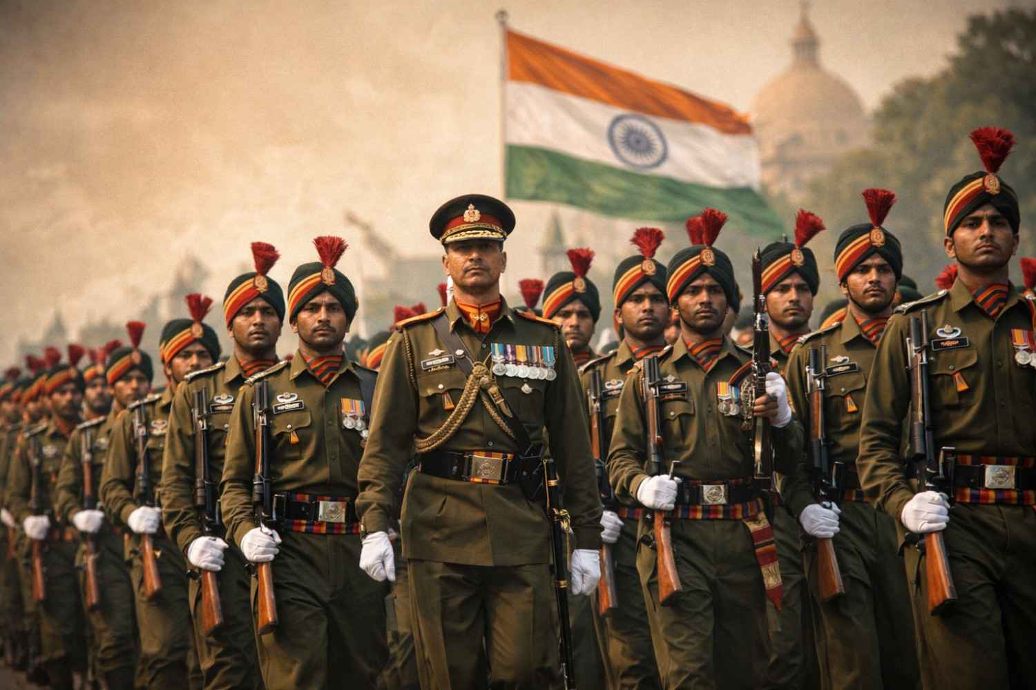 Indian Army Day showcasing soldiers in uniform during a ceremonial parade, symbolizing courage, discipline, and national pride