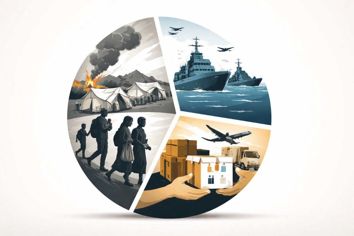 Minimal flat vector illustration of a globe with subtle conflict shading on one side and a small naval ship silhouette below, set against a white background.