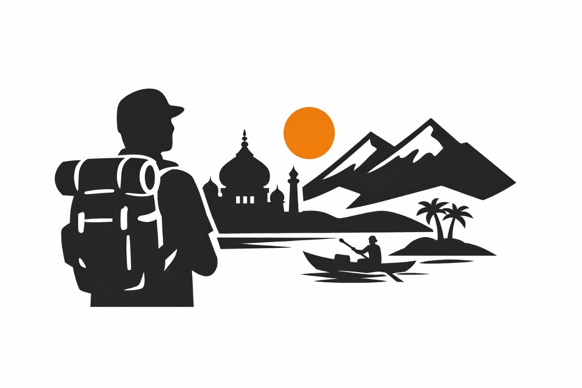 Minimal black-and-white vector illustration of a lone backpacker looking toward mountains, a domed monument silhouette, a river with a small boat, and an orange sun on a white background.