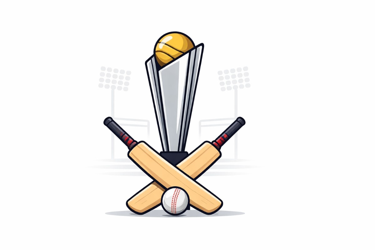 Minimal flat vector illustration of a modern cricket trophy with a golden ball on top, crossed cricket bats and a white cricket ball below, set against a clean white background.