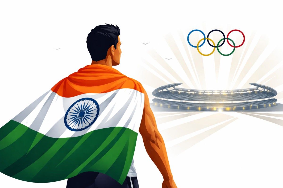 Minimal flat vector illustration of a single Indian athlete silhouette standing upright against a white background, symbolizing Olympic ambition and national sporting aspirations.