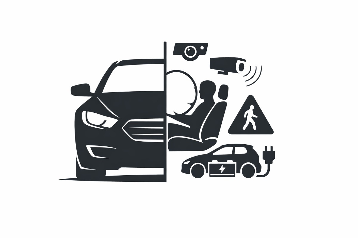 Minimal black flat vector illustration of a car split in half, showing front exterior on one side and interior safety features like an airbag and driver silhouette on the other, with EV battery and sensor icons, on a white background.