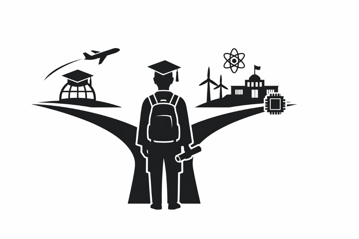 Minimal flat vector illustration of a graduation cap resting on top of a stack of books with a subtle upward arrow shadow behind it, symbolizing scholarships and career growth, on a white background.