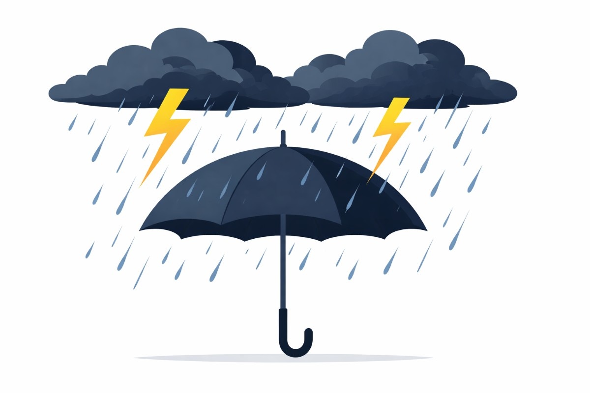 Minimal flat vector illustration of a dark rain cloud with falling raindrops and a lightning bolt over a faint outline of Kerala, set against a white background.