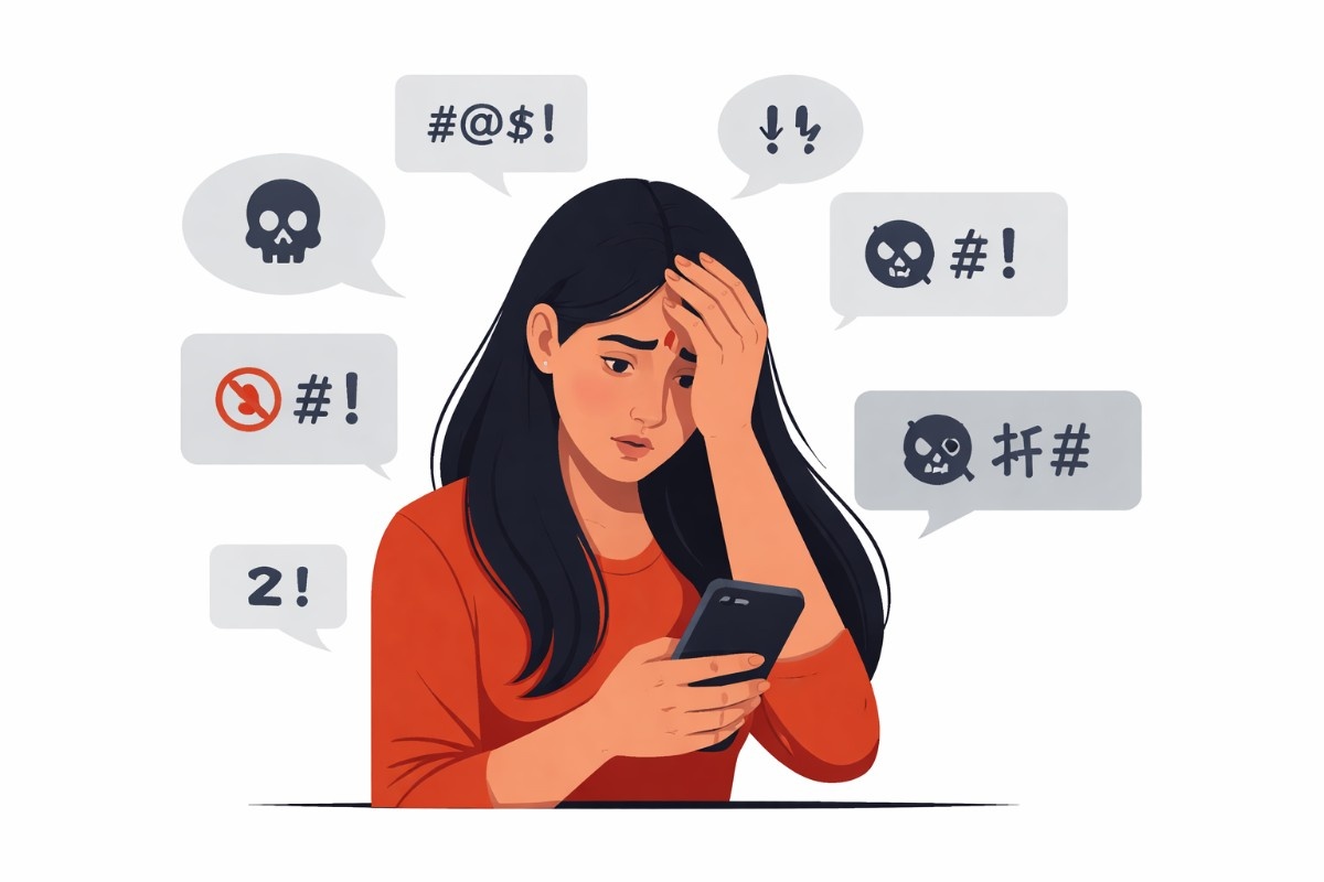 Minimal flat vector illustration of a smartphone displaying hostile message bubbles with sharp edges, symbolizing online abuse and digital harassment, set against a white background.