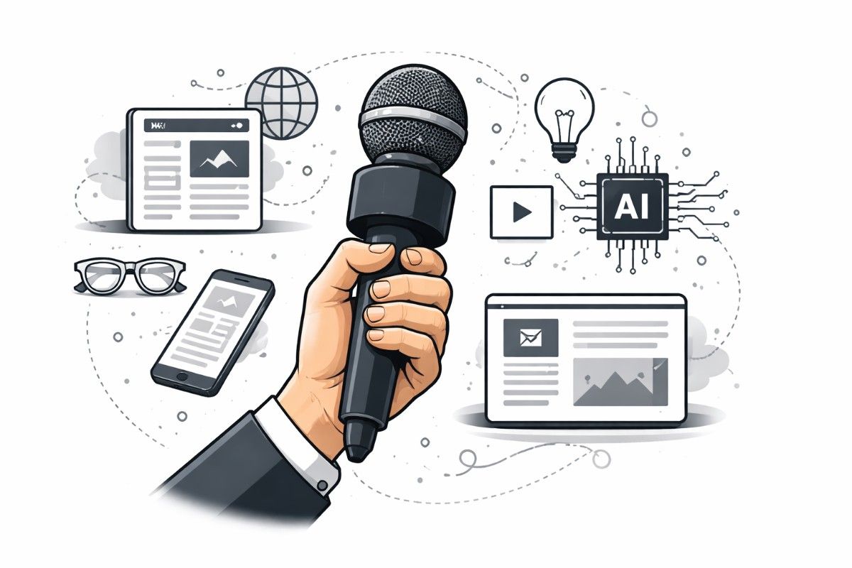 Minimal flat vector illustration of a human head silhouette with subtle digital circuit patterns inside, symbolising artificial intelligence and the future of digital journalism, on a white background.