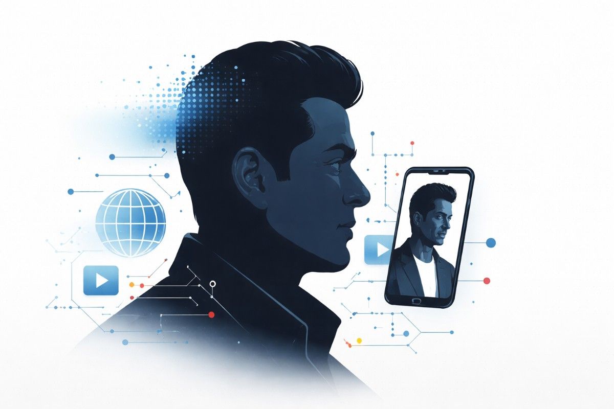Minimal flat vector illustration of a stylized male silhouette split into layered facial profiles, symbolizing AI-generated transformation, set against a clean white background.