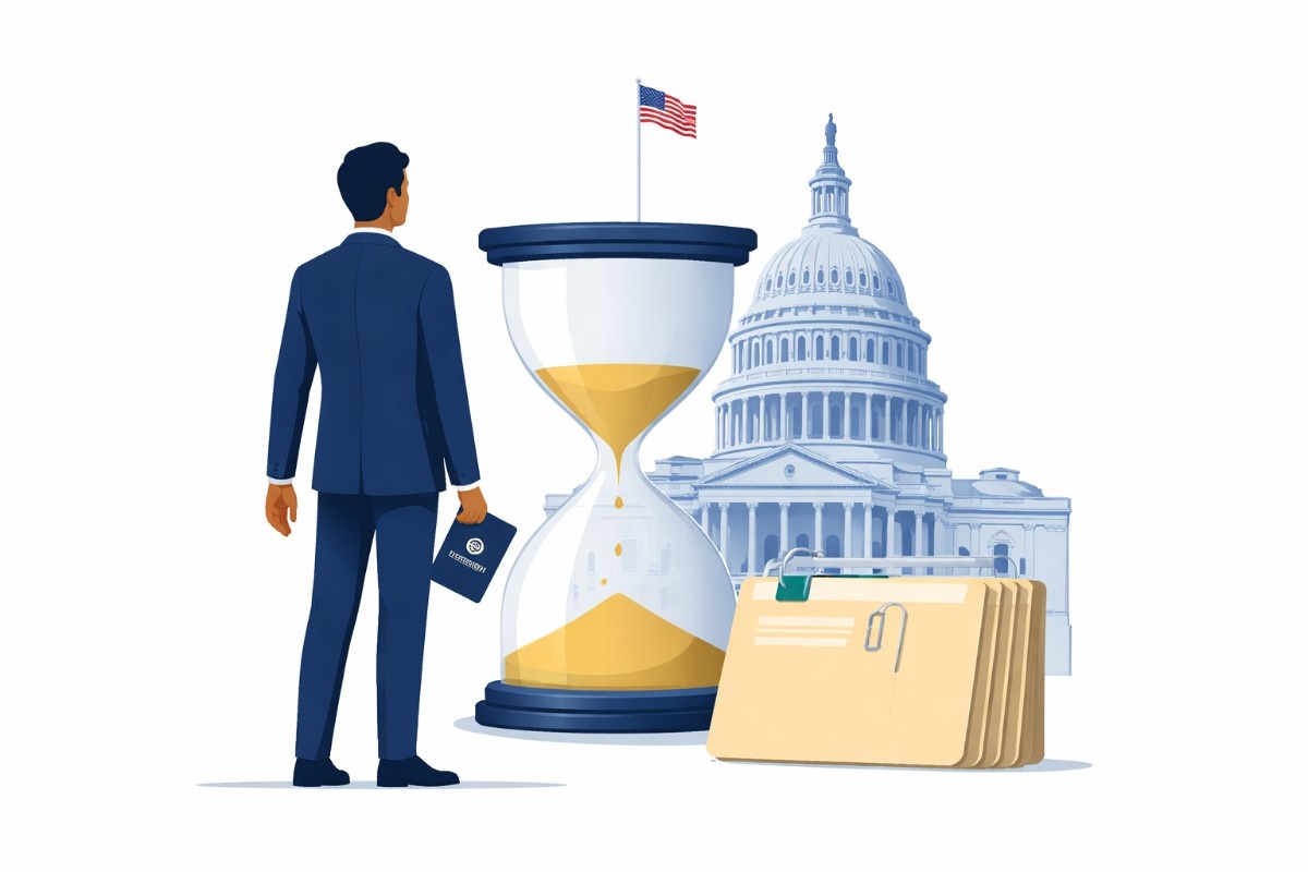 Minimal flat vector illustration of a passport casting a long shadow over a calendar page, symbolizing visa wait times and immigration backlogs, on a white background.