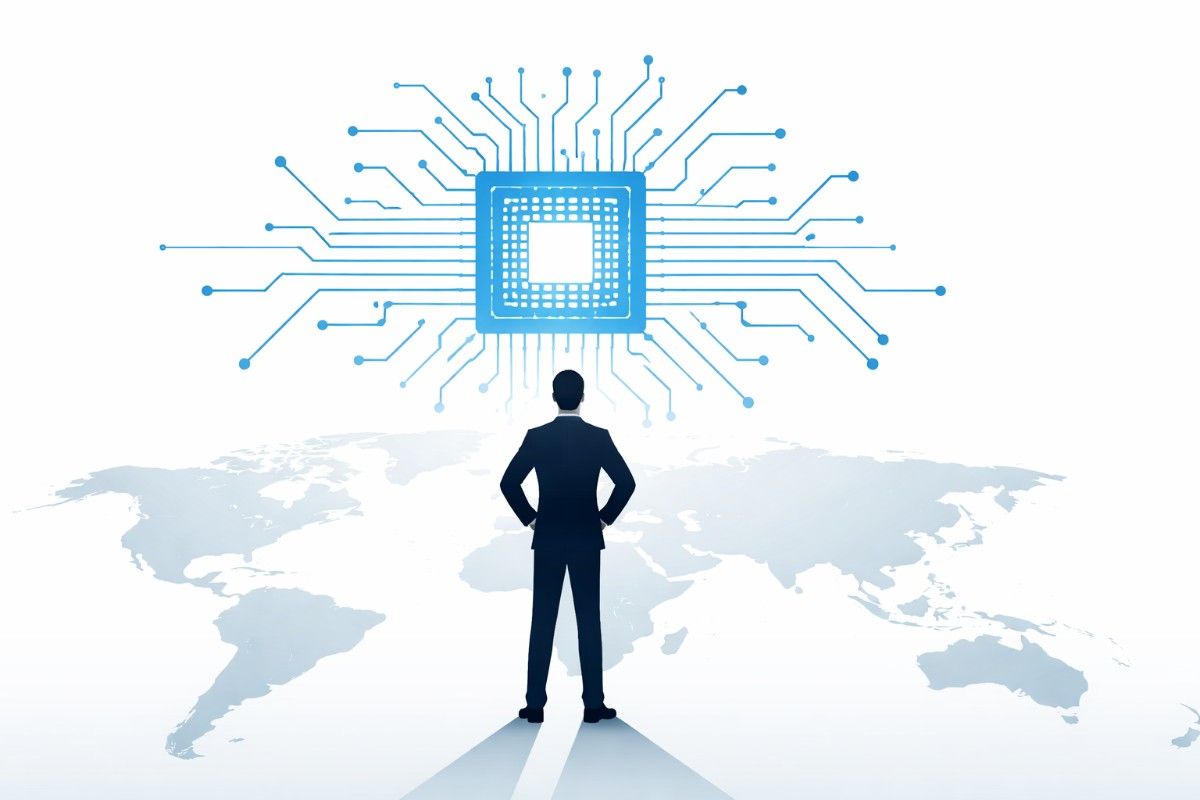 Minimal flat vector illustration of a human brain formed by circuit lines inside a subtle globe outline, centered on a white background, symbolizing India’s artificial intelligence strategy in a global context.