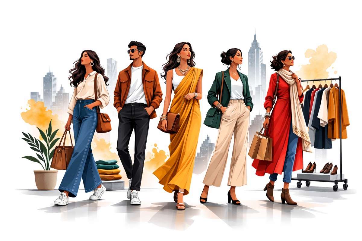 Minimal flat vector illustration of a confident woman in a blazer and wide-leg jeans with a flowing red scarf, surrounded by folded garments and a structured handbag on a white background.