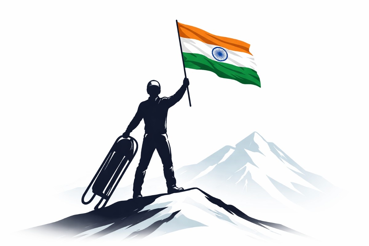 Minimal flat vector illustration of a single luge sled positioned on an icy track, set against a clean white background, symbolizing India’s growing presence in Winter Olympic sports.