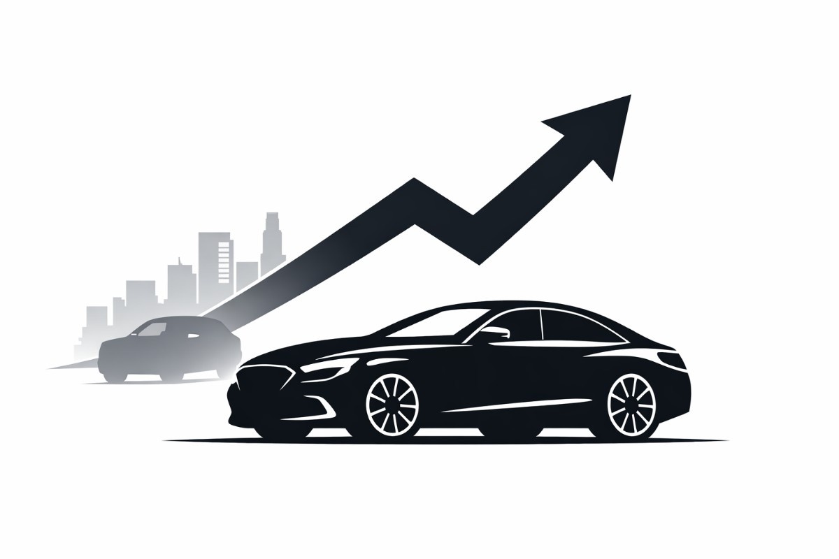 Minimal flat vector illustration of a sleek luxury SUV silhouette in black on a white background, symbolising the growth of India’s premium car market.