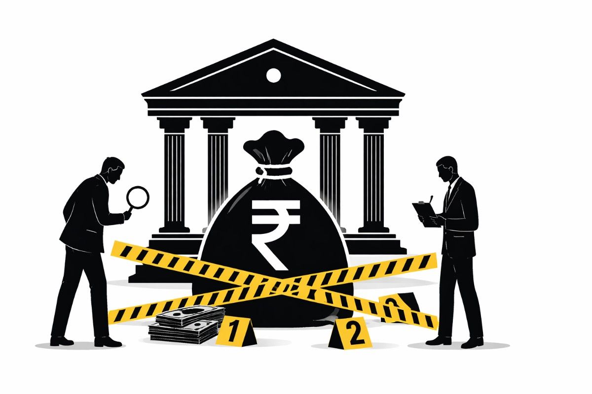 Minimal flat vector illustration of a large vault door slightly open with currency notes partially visible inside, symbolizing a financial fraud investigation, on a white background.