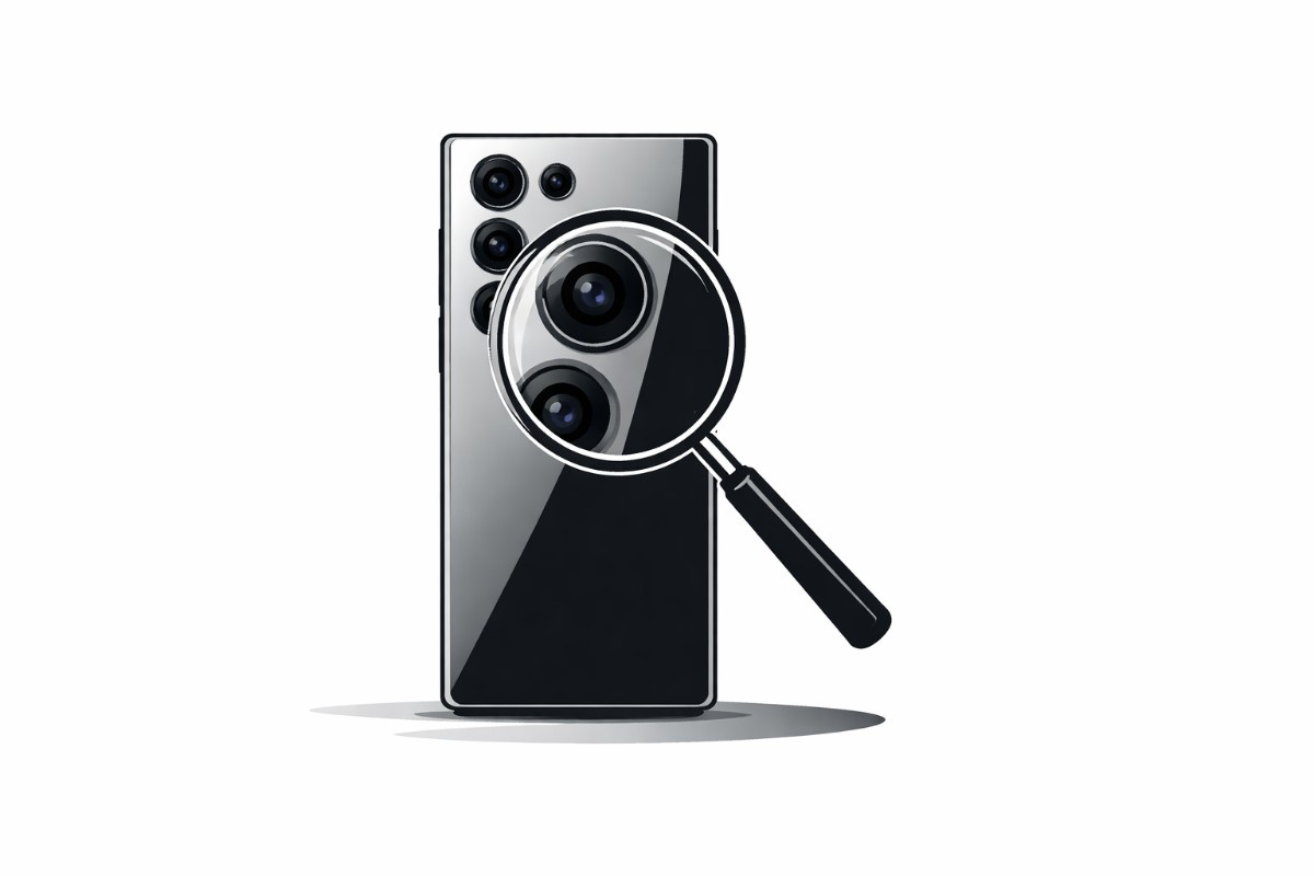 Minimal flat vector illustration of a modern smartphone with a prominent camera module, partially examined by a magnifying glass, on a white background.