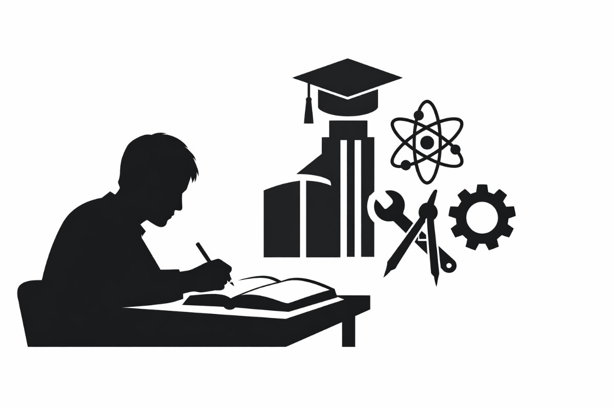 Minimal flat vector illustration of a single student silhouette seated at a desk with an open book and examination sheet, symbolizing engineering entrance exam preparation, on a white background.