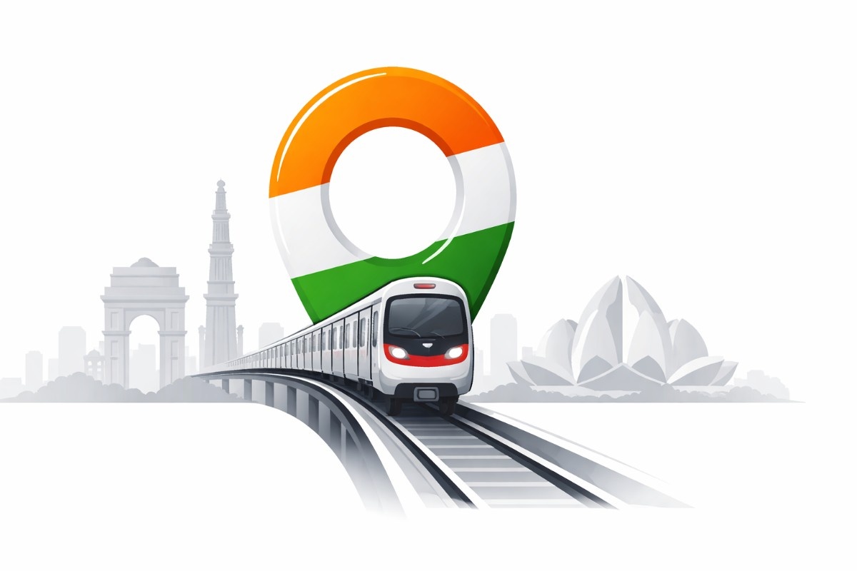 Minimal flat vector illustration of a modern metro train emerging forward on elevated tracks, set against a subtle grey silhouette of Delhi landmarks on a white background.
