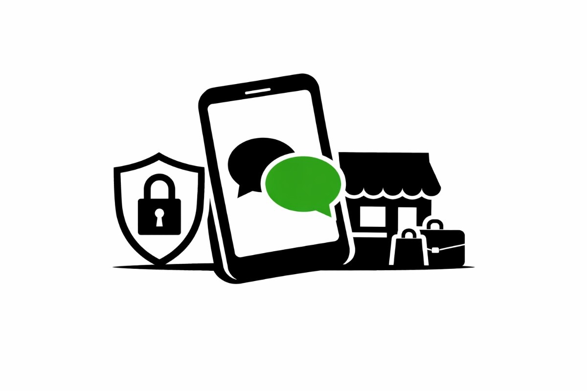 Minimal flat vector illustration of a smartphone with a secure chat bubble and shield icon, symbolizing messaging privacy and digital communication upgrades, on a white background.