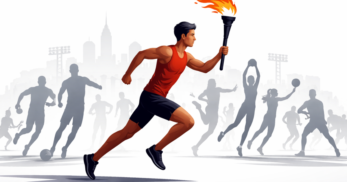 Minimal flat vector illustration of a young athlete holding a torch upright, symbolizing youth sports development, set against a white background with high contrast and no text.