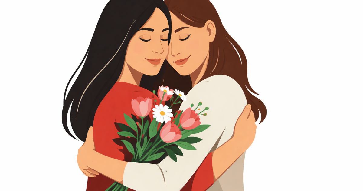 Minimal flat vector illustration of two women sitting side by side in silhouette, facing slightly toward each other in a gesture of solidarity, set against a white background with high contrast and no additional elements.