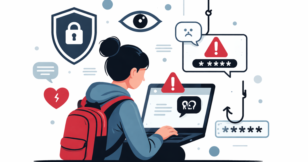 Minimal vector illustration of a student silhouette holding a tablet, shielded by a large protective shield icon, symbolizing online safety and digital protection for children.