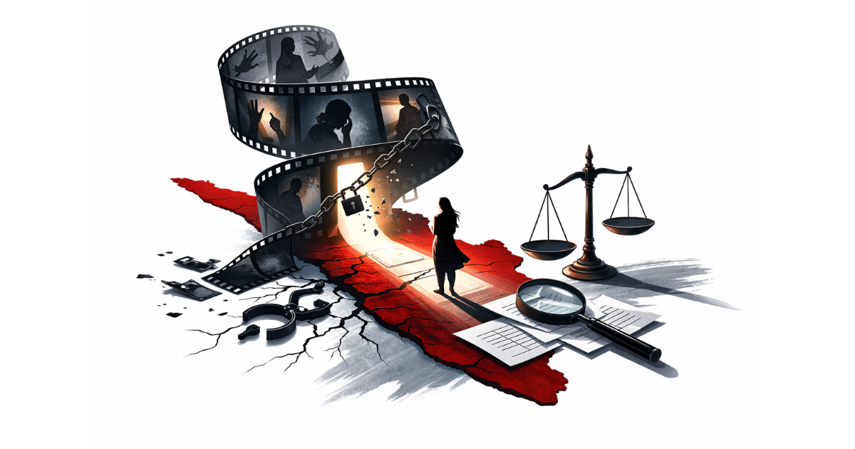 Minimal editorial illustration showing a lone silhouetted woman standing before a bright, broken doorway emerging from a torn film reel, with symbolic elements like broken chains, a magnifying glass and scales of justice on a white background.