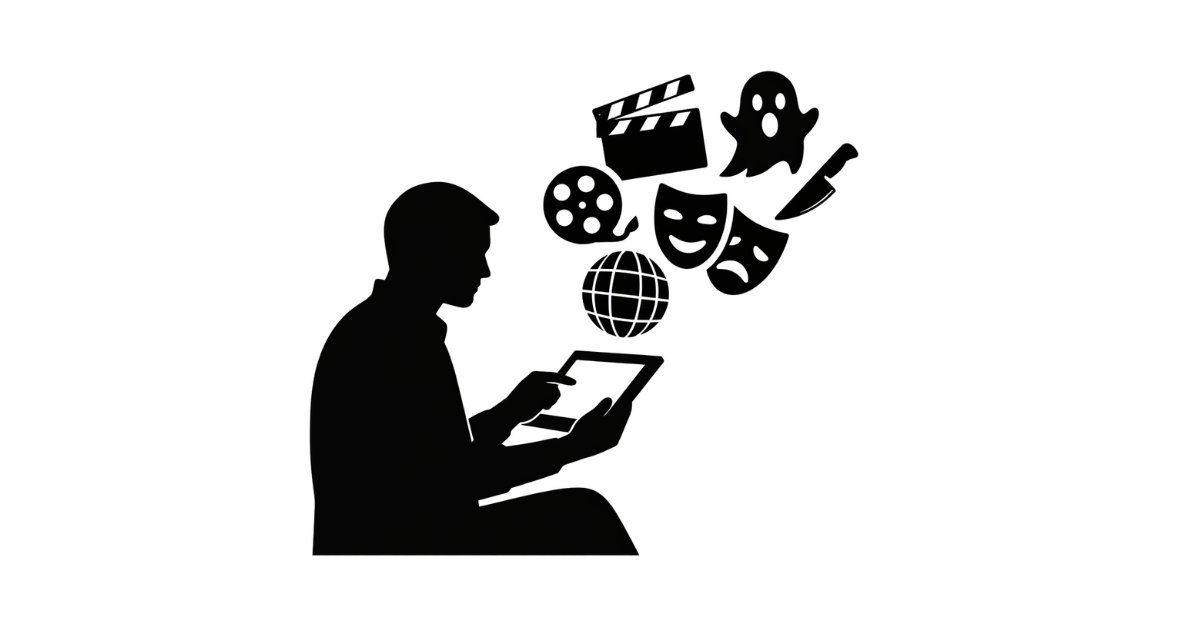 Minimal flat vector illustration of a single smartphone displaying a play icon on its screen, centered on a white background, symbolizing OTT streaming content.