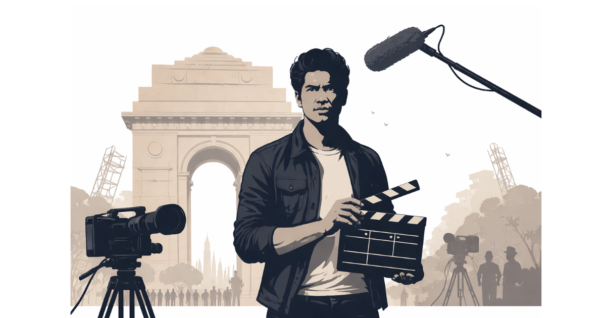 Minimal flat vector illustration of a silhouetted male film actor standing in front of a simplified India Gate monument, with a subtle serpent shadow forming behind him, on a white background.