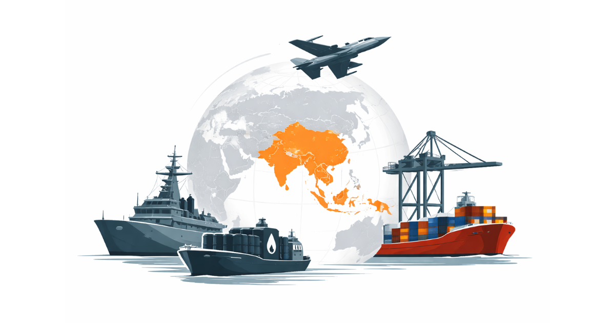 Minimal flat vector illustration of a globe highlighting South Asia in orange, with a naval warship, oil tanker, fighter jet and container ship symbolizing geopolitical tensions, global trade and regional security.
