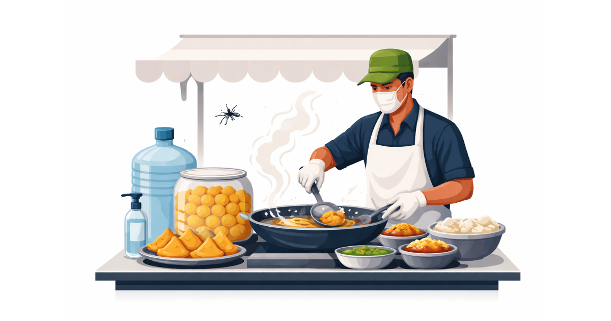 Minimal flat vector illustration of a street food cart covered with a protective glass shield and a serving cloche, symbolizing hygienic street food practices, on a white background.