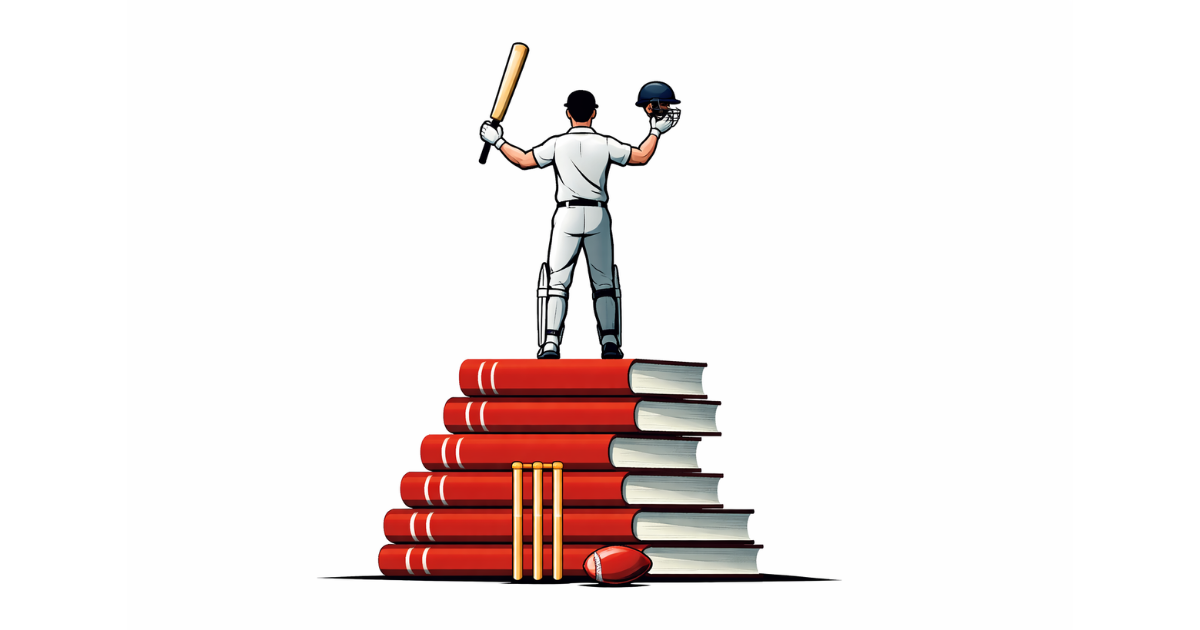 Minimal flat vector illustration of a cricketer in white raising his bat while standing on a stack of red scorebooks, symbolising a 10,000-run milestone, with stumps and a red ball below on a white background.