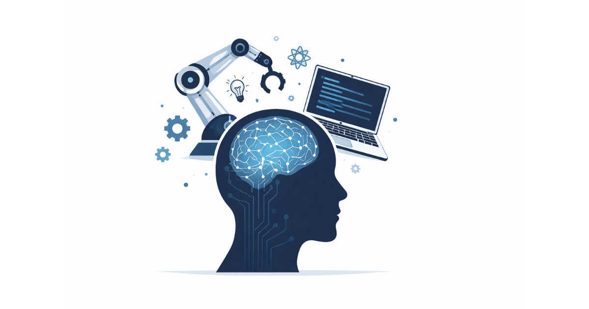 Minimal flat vector illustration of a human head silhouette merged with circuit lines and a robotic arm element, symbolising AI-driven skill-based learning, on a white background.