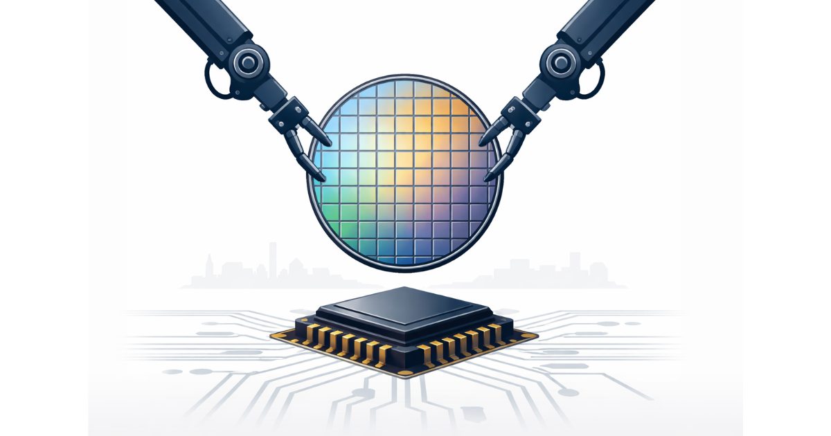 Minimal flat vector illustration of a semiconductor wafer held by robotic arms above a microchip on a circuit board, set against a white background.