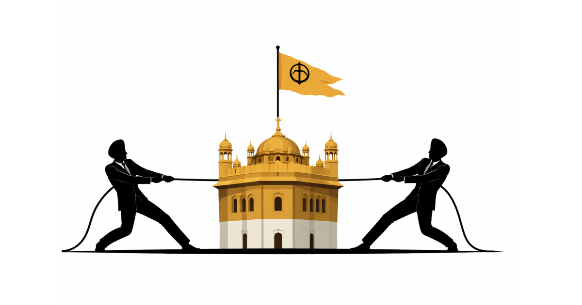 Minimal flat vector illustration of a balanced scale in front of a simplified gurdwara dome silhouette, symbolizing religious governance and political accountability, on a white background.