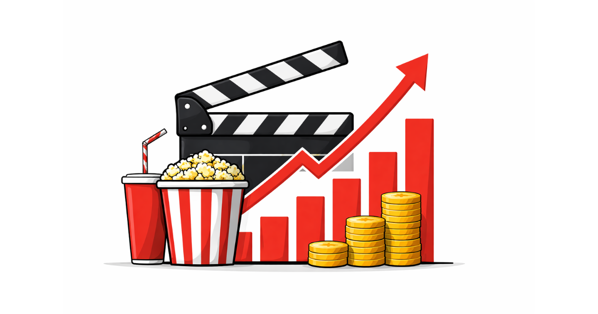 Minimal flat vector illustration of a cinema ticket partially emerging from a box office window slot, set against a white background, symbolizing theatrical box office performance.