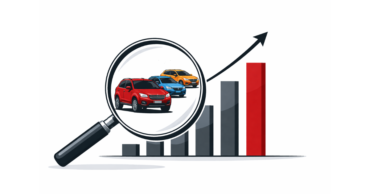 Minimal flat vector illustration of a single car silhouette in dark grey against a white background, symbolizing India’s passenger vehicle market performance.