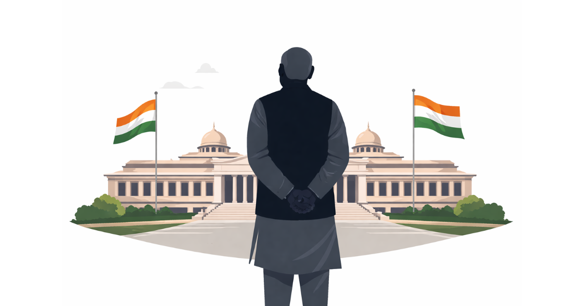 Minimal flat vector illustration of a modern government building in high contrast on a white background, symbolising the Prime Minister’s office relocation and administrative transition.