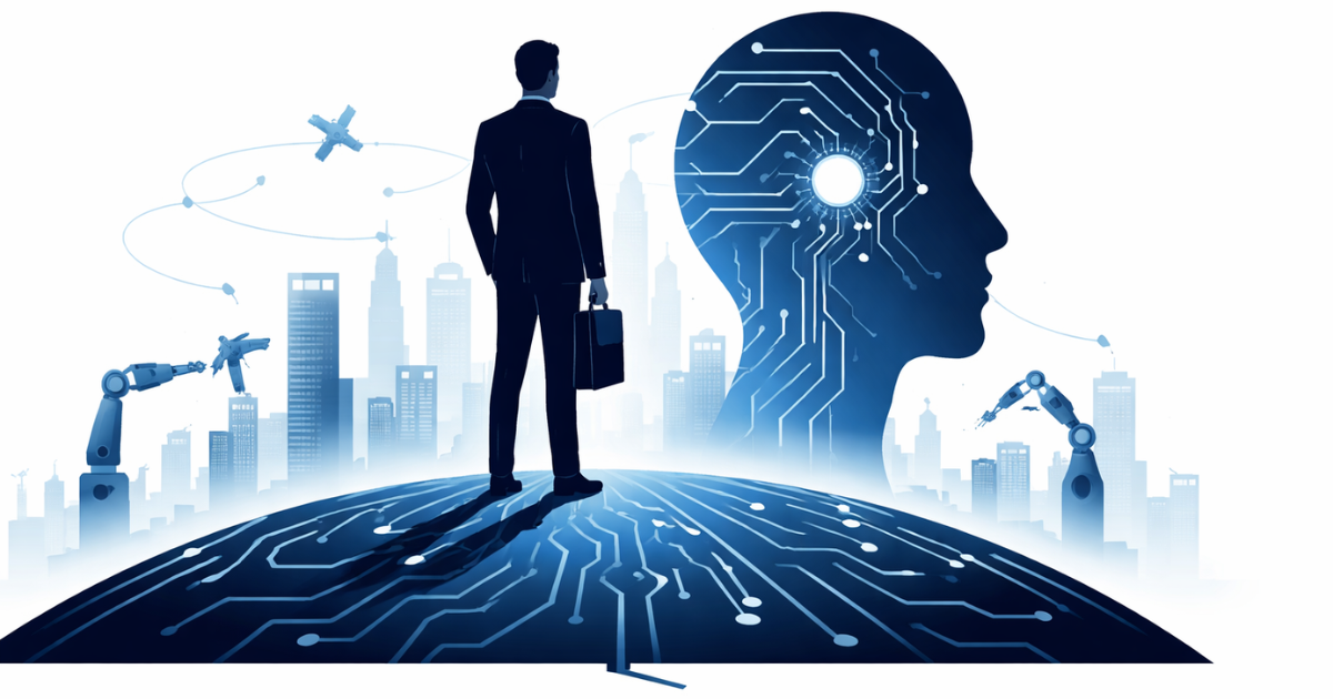 Minimal flat vector illustration of a business leader standing on a circuit-patterned globe facing a large AI head silhouette and robotic arms against a white background.