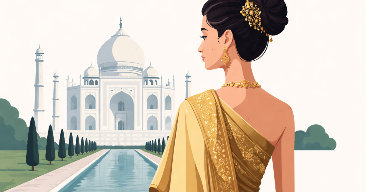 Minimal vector illustration of a royal woman in profile standing before the Taj Mahal with reflecting pool, set against a clean white background.