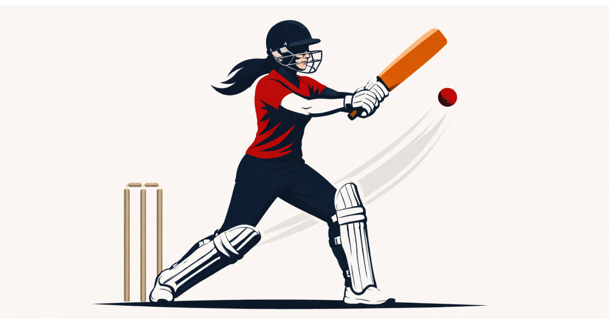 Minimal flat vector illustration of a female cricketer in batting stance, holding a raised bat against a white background, symbolizing emerging talent in women’s Asian cricket.