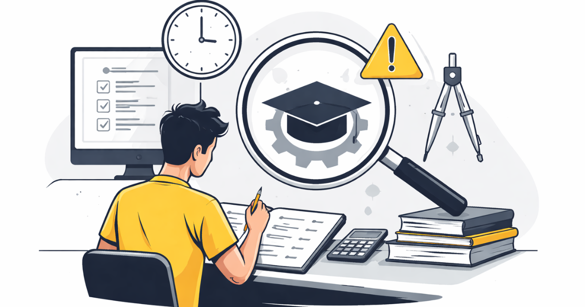 Minimal flat vector illustration of a student writing an exam at a desk, with a large magnifying glass highlighting a graduation cap and gear symbol, representing engineering entrance exam results and evaluation.
